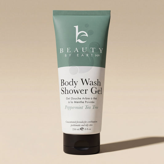 Body wash shower gel peppermint tea tree tube with 'Beauty by Earth' branding