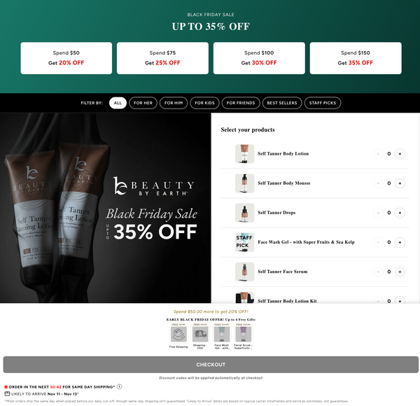 Array of natural self tan lotions, mousses, vegan skincare bundles, and exfoliating face washes featured for Black Friday Cyber Monday sale.