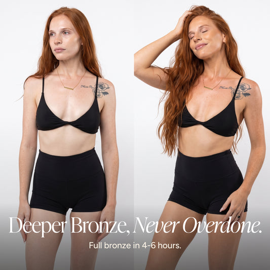 Full body before and after of body mousse and self tanner face lotion.