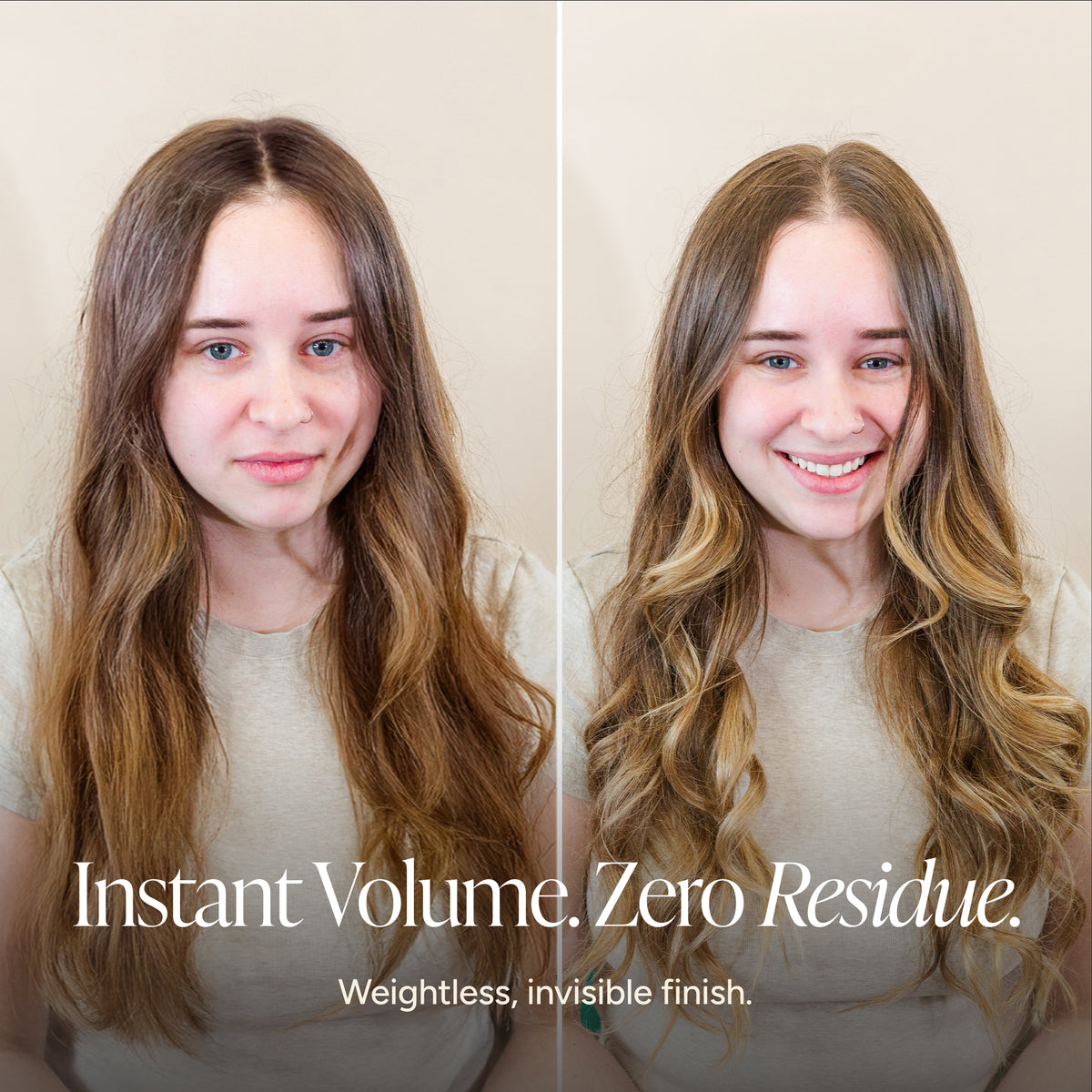 Before-and-after split screen showing a woman with long, wavy brown hair. The left side shows the hair in a straight, weighed-down look, while the right side shows the hair styled in soft, voluminous waves.
