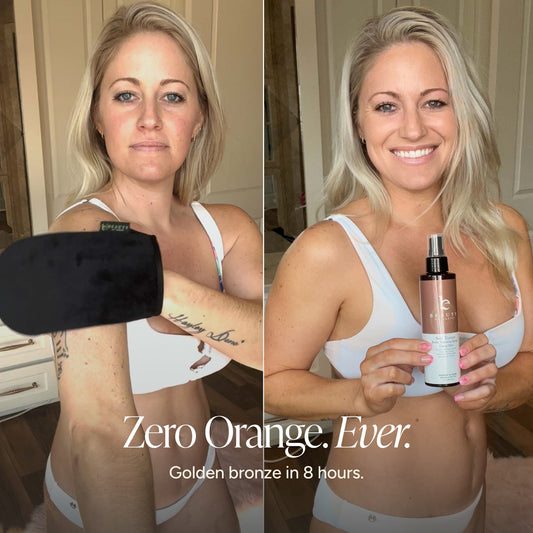 A split-screen before-and-after style beauty image showing a blonde woman indoors. The left panel shows her holding a black tanning mitt on her arm, and the right panel shows her holding a bronze spray bottle.