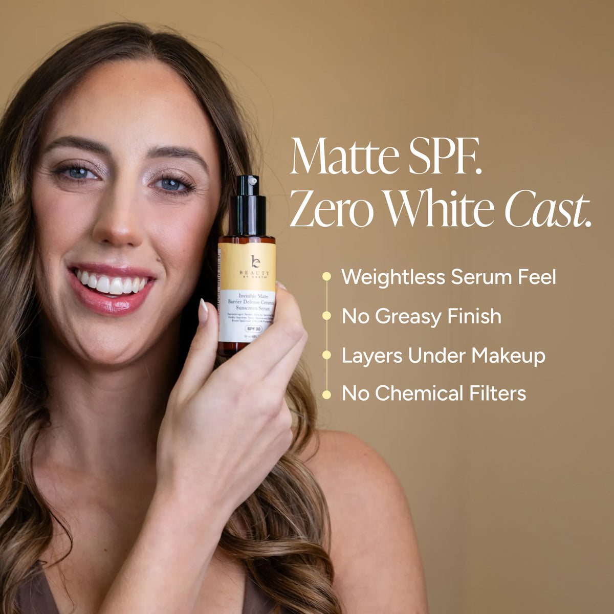 A smiling woman holds a bottle of SPF serum against a warm beige background, with product text and feature callouts on the right.