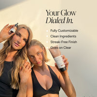 Two women posing outdoors while holding beauty by earth self tanners. Reading 'Your Glow Dialed In.' and feature bullet points about customization, clean ingredients, streak-free finish, and clear results.