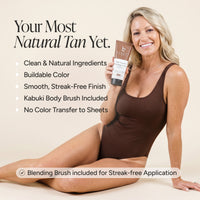 A woman in a brown bodysuit sits on a beige studio background holding a bottle of self tanner tanning lotion. Large text reads 'Your Most Natural Tan Yet.