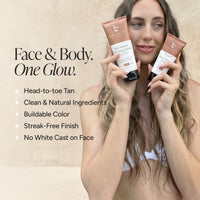 A woman holds two tubes of Beauty By Earth self tanners against a warm beige background with promotional text.