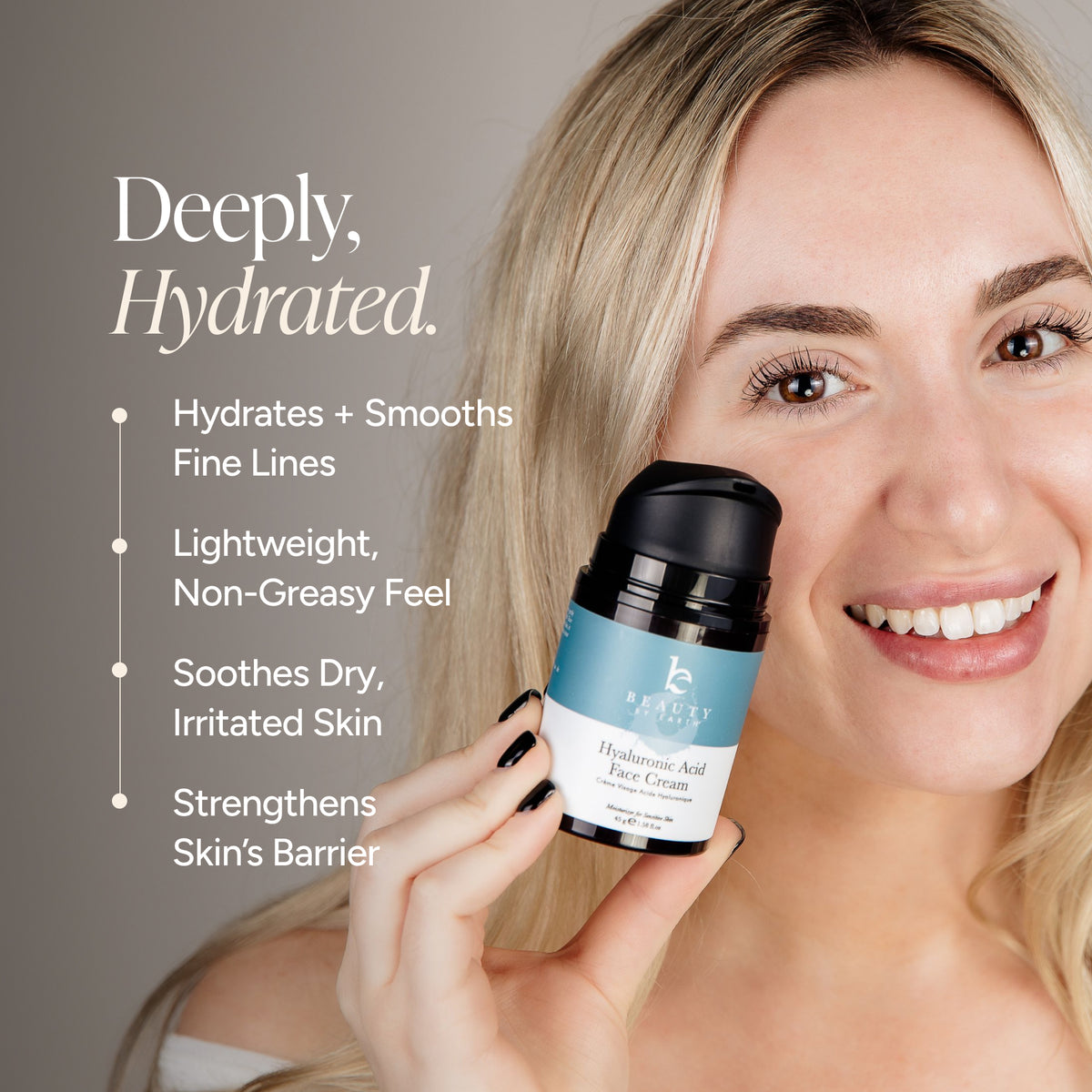 A smiling blonde woman holds a small black and light blue face cream bottle next to text that reads 'Deeply, Hydrated.' with bullet points about hydration and skin benefits.