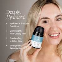 A smiling blonde woman holds a small black and light blue face cream bottle next to text that reads 'Deeply, Hydrated.' with bullet points about hydration and skin benefits.