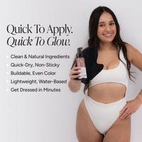 A woman in a white bikini stands against a light gray background holding a bottle of self tanner mousse. Text on the left reads 'Quick To Apply.