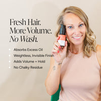 A woman holding a bottle of hair product next to text highlighting its benefits: 'Fresh Hair. More Volume.