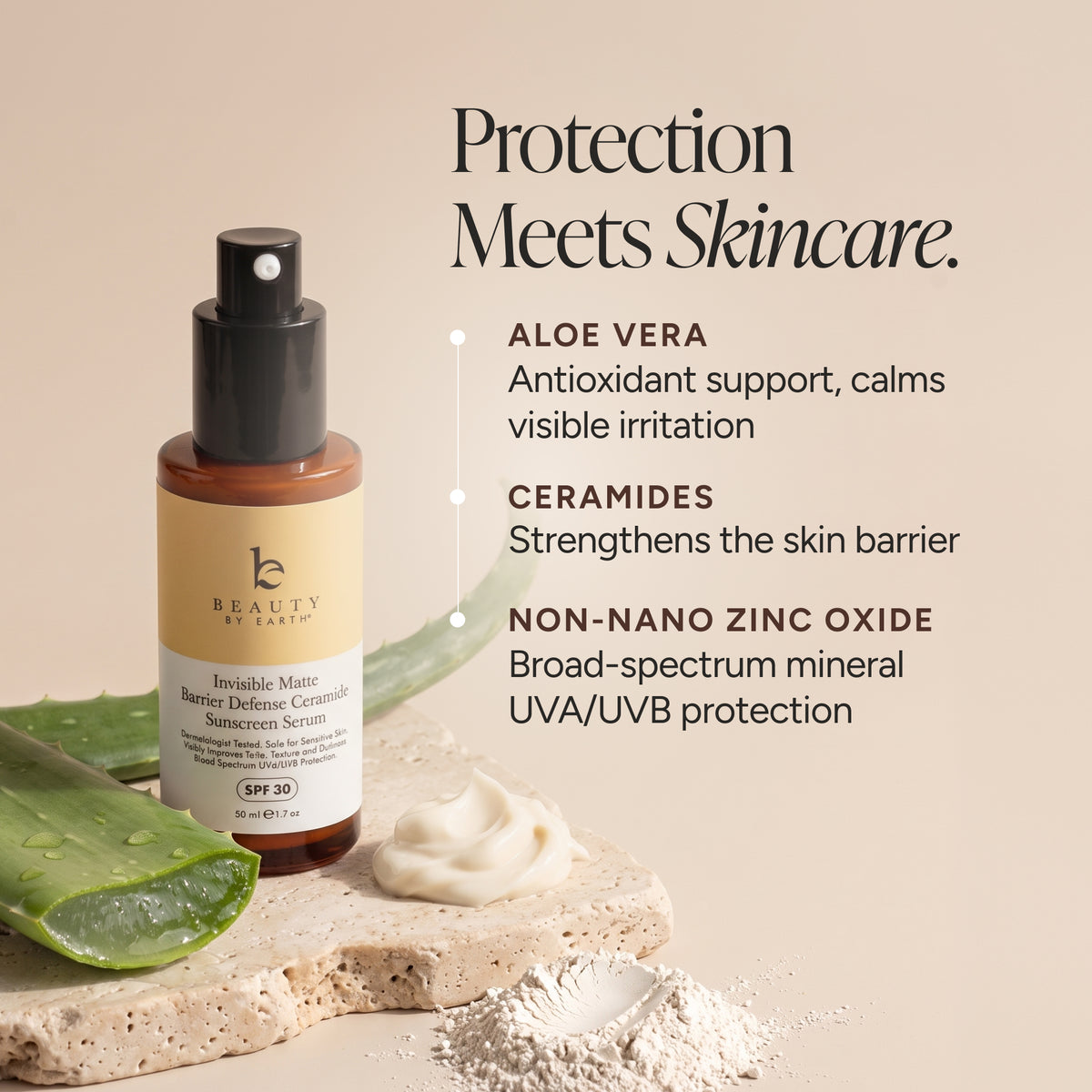 Beauty by Earth Invisible Matte Barrier Defense Ceramide Sunscreen Serum bottle displayed on a stone slab with aloe vera and cream, next to text highlighting key ingredients: Aloe Vera, Ceramides, and Non-Nano Zinc Oxide.