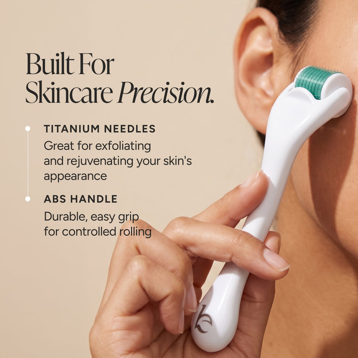 A close-up of a person holding a white derma roller skincare tool against their cheek, with text on the left highlighting titanium needles and an abs handle for skincare precision.