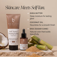 Beauty by Earth Self Tanner Tanning Lotion and Drops set displayed on a stone slab with sugar cane, a coconut, and brown sugar. The background is a solid warm beige with text detailing the ingredients: shea butter, coconut oil, and DHA (sugar cane).