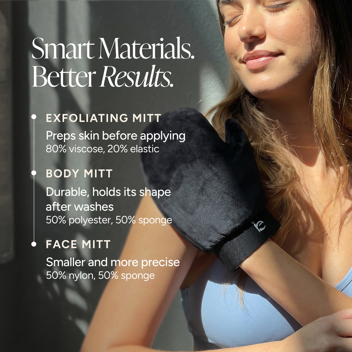 A woman wearing a black tanning mitt glove on her arm, with promotional text on the left detailing the exfoliating mitt, body mitt, and face mitt materials and functions.