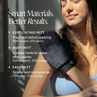 A woman wearing a black tanning mitt glove on her arm, with promotional text on the left detailing the exfoliating mitt, body mitt, and face mitt materials and functions.