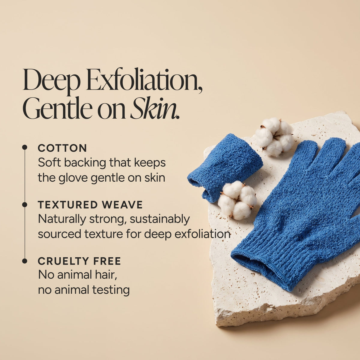 A pair of textured blue exfoliating gloves displayed on a light stone slab with cotton bolls, beside marketing text that reads 'Deep Exfoliation, Gentle on Skin' with bullet points about cotton backing, textured weave, and cruelty-free design.