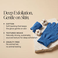 A pair of textured blue exfoliating gloves displayed on a light stone slab with cotton bolls, beside marketing text that reads 'Deep Exfoliation, Gentle on Skin' with bullet points about cotton backing, textured weave, and cruelty-free design.