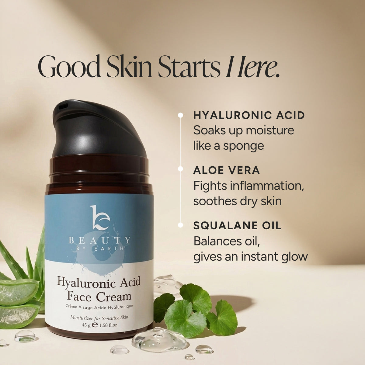A bottle of hyaluronic acid face cream featuring ingredients: aloe vera, hyaluronic acid and squalane oil.