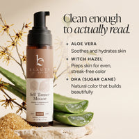 A bottle of Beauty by Earths Self Tanner Mousse is displayed on a stone slab with aloe vera leaves and sand. The background is a warm beige with text detailing the ingredients (Aloe Vera, Witch Hazel, DHA (Sugarcane)) and a tagline 'Clean enough to actually read.