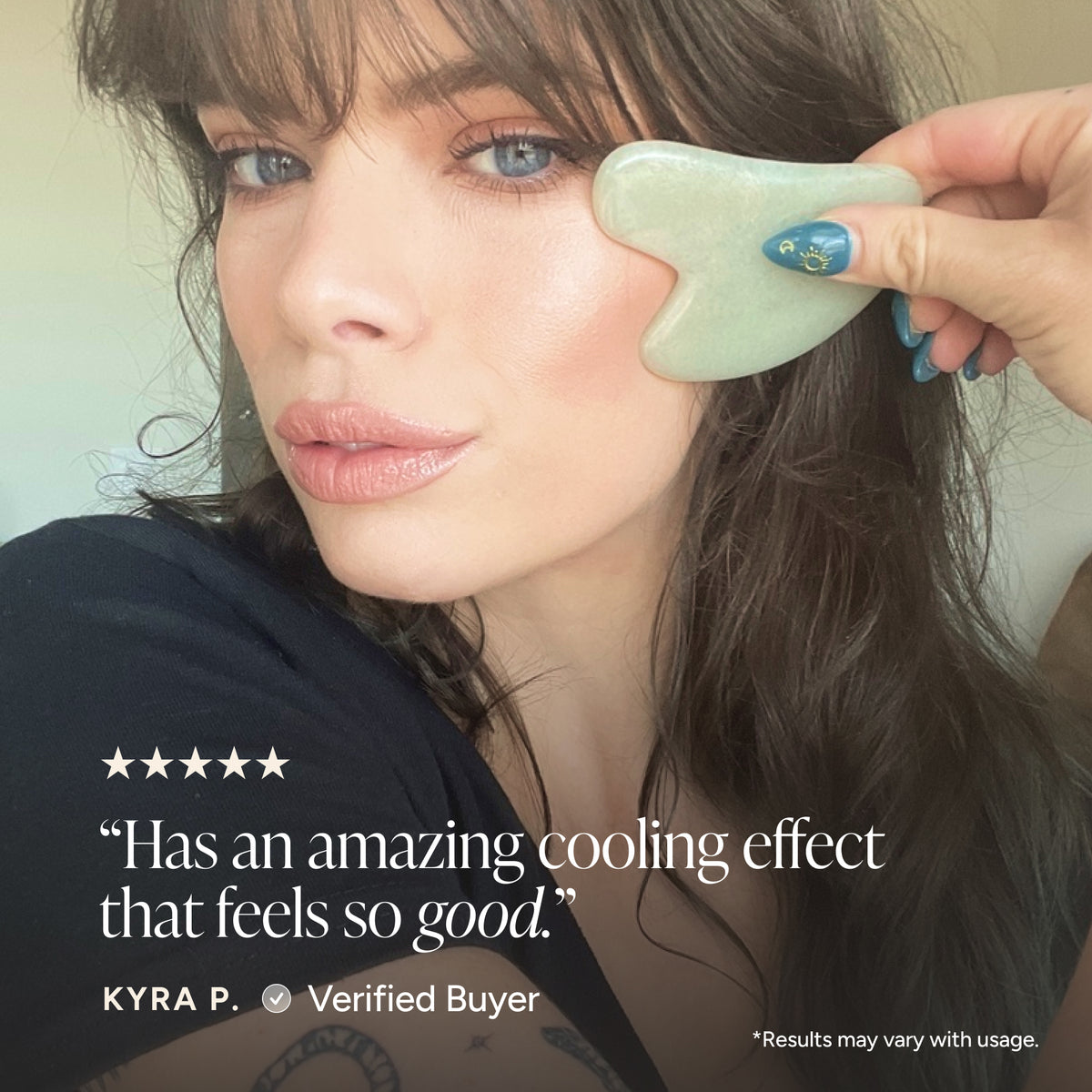 A close-up of a woman receiving a gua sha facial massage. The image includes a text overlay with a five-star review quote from Kyra P.