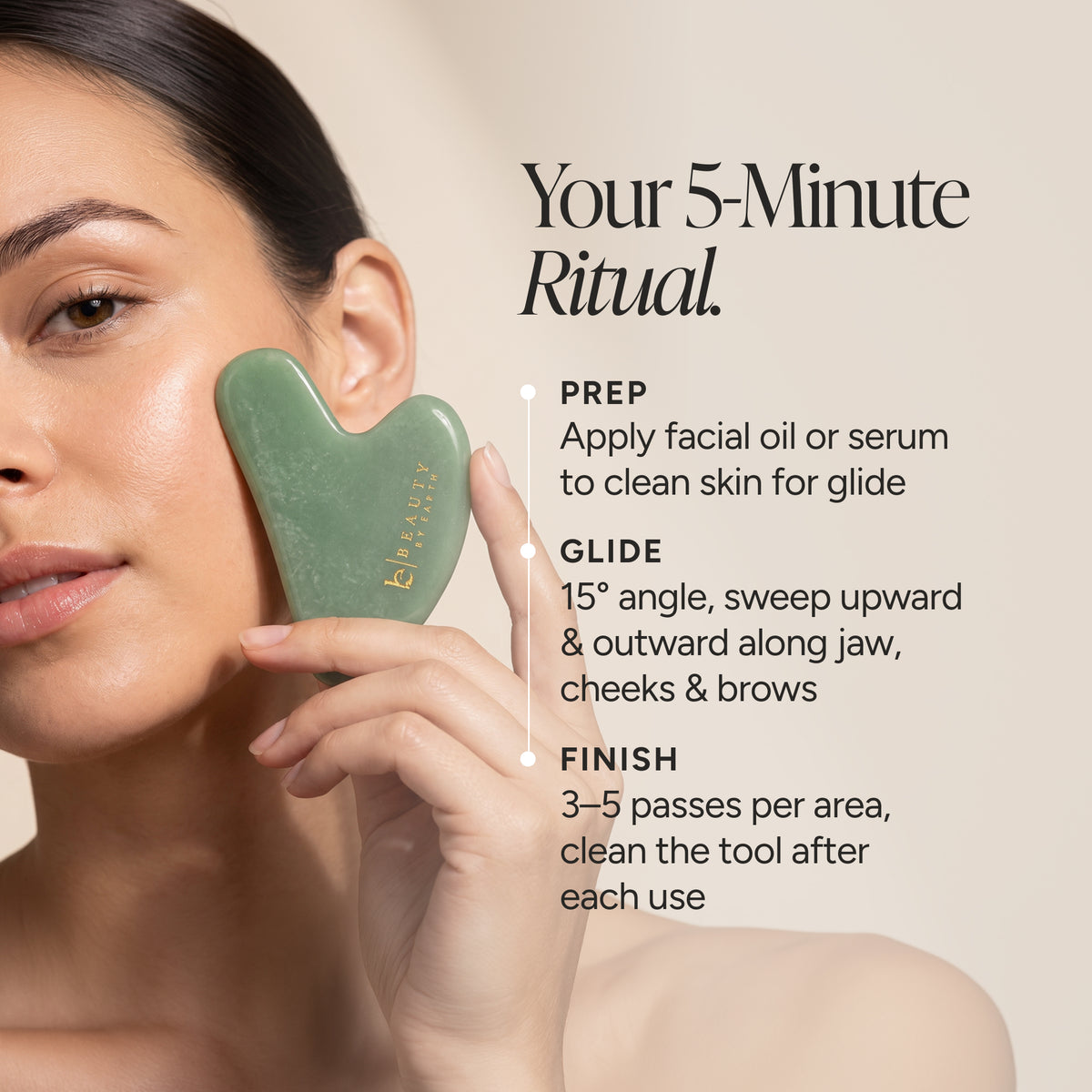 A woman holds a green jade Gua sha facial massage tool against her cheek, with text on the right explaining a 5-minute facial ritual steps.