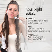 A woman holding a skincare roller on her cheek beside text that reads 'Your Night Ritual' with steps for sanitize, roll, and aftercare.