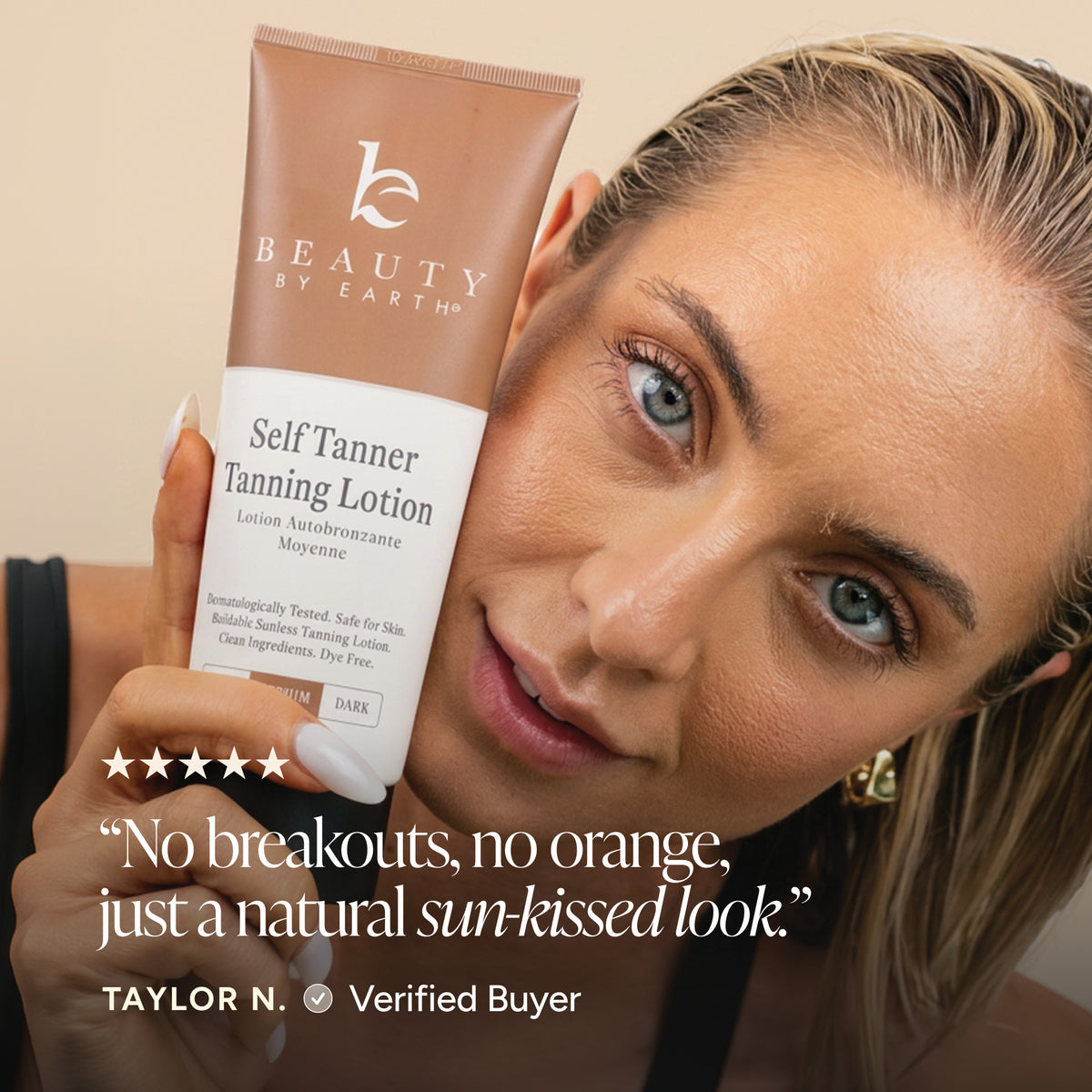 A woman holding a tube of Beauty by Earth Self Tanner Tanning Lotion next to a quote graphic on a warm beige background.