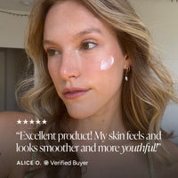 A close-up of a woman with a dollop of white skincare cream on her cheek, with a quote overlay reading 'Excellent product! My skin feels and looks smoother and more youthful!' and the name Alice O., Verified Buyer.