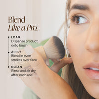 Close-up of a woman applying tanner lotion with a brush, with text on the left reading 'Blend Like a Pro.' and bullet points about loading, applying, and cleaning the brush.