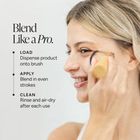 A woman applies makeup with a brush to her cheek in a close-up side profile. Text on the left reads 'Blend Like a Pro.