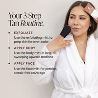 A woman in a white robe demonstrates a 3-step tan routine, holding a black exfoliating mitt, a white body mitt, and a face mitt against her skin. Text on the left outlines the steps: exfoliate, apply body, and apply face.