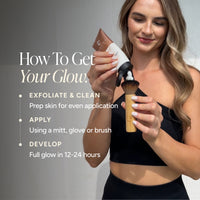 A woman in a black crop top holds a tube of self tanner. Text on the left reads 'How To Get Your Glow' with bullet points about exfoliating, applying, and developing the product, which is said to give a full glow in 12-24 hours.