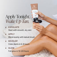 A person holds a tube of Beauty by Earth Tanning Lotion while applying it with a kabuki brush. The image includes text instructions on the left side: 'Apply Tonight.