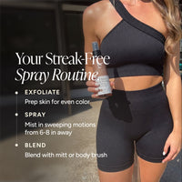A woman in a black ribbed activewear set holds a bottle of Body Spray.