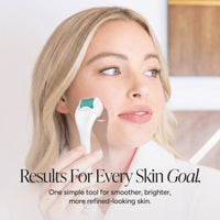 A woman with blonde hair holds a white derma roller against her cheek, with text overlay reading 'Results For Every Skin Goal. One simple tool for smoother, brighter, more refined-looking skin.