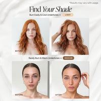 A shade-finding comparison graphic showing four before-and-after portraits of women with different hair tones and skin undertones, labeled LIGHT and MEDIUM, with the headline 'Find Your Shade' on a soft white fabric background.