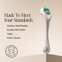 A white derma roller skincare tool with green-tinted needles, shown next to text highlighting its features: 'Made To Meet Your Standards. Stainless Steel Needles, Durable ABS Handle, Vegan, Plastic-Neutral'.