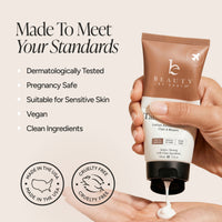 A hand holds a bottle of self tanning lotion with white lotion being squeezed onto an open palm. The background is a warm beige with text highlighting product benefits like dermatologically tested, pregnancy safe, vegan, and cruelty free.