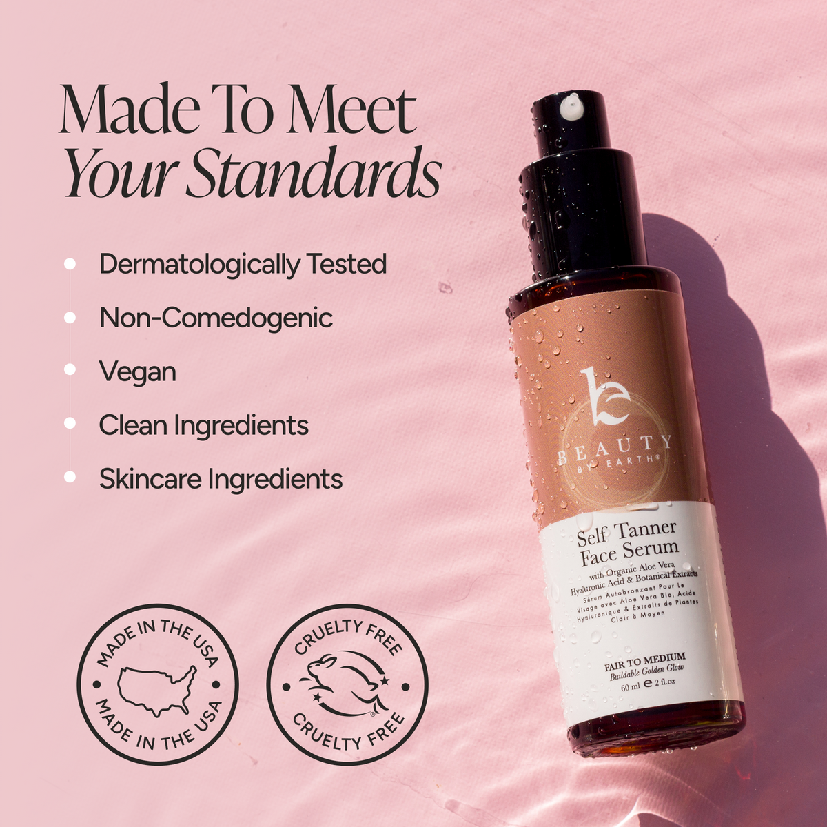 Beauty by Earth Self Tanner Face Serum in an amber glass bottle with a black pump, set against a pink textured background with marketing text and certification seals.