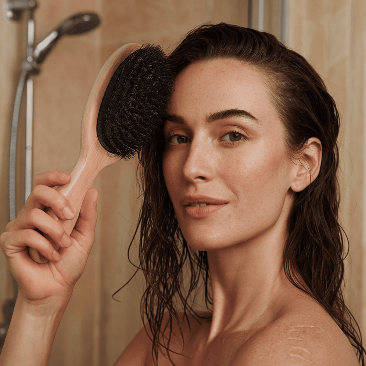 Woman with wet hair holding a brush in a bathroom setting