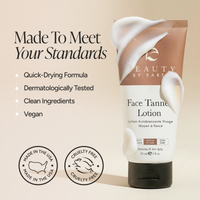 Beauty by Earth Face Tanner Lotion in  featuring a white and brown design with a splash of lotion, set against a beige background with promotional text and certification badges.