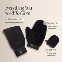 Four black beauty mitts arranged on a warm beige background with text labels: exfoliating mitt, tanning mitt, and face mitt. The image includes the headline 'Everything You Need To Glow.