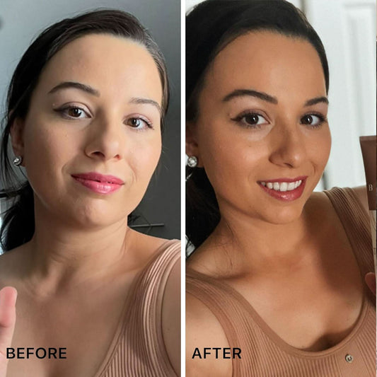 Girl showing a Before & After using the Beauty by Earth Facial Self Tanner