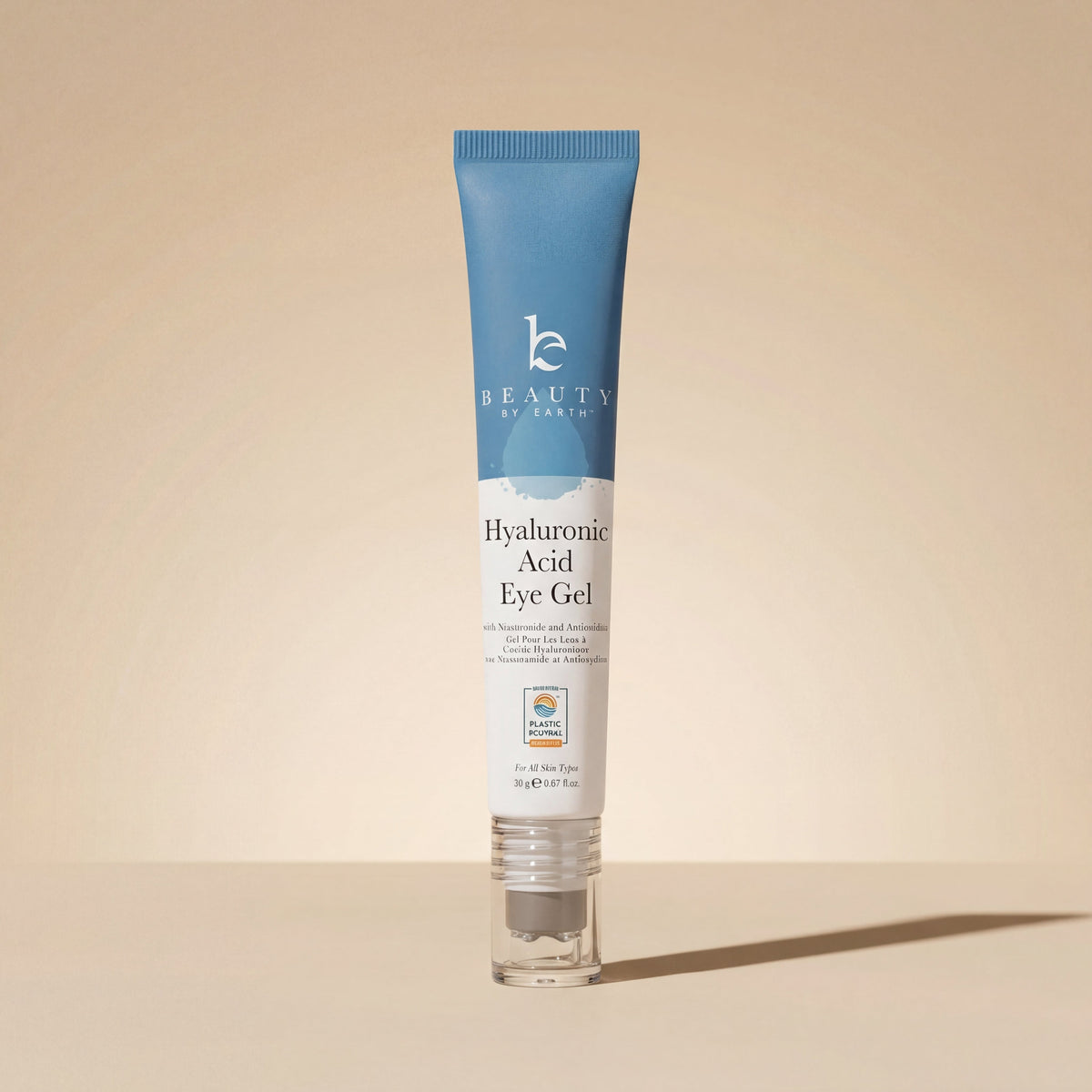 Tube of Hyaluronic Acid Eye Gel on a beige background