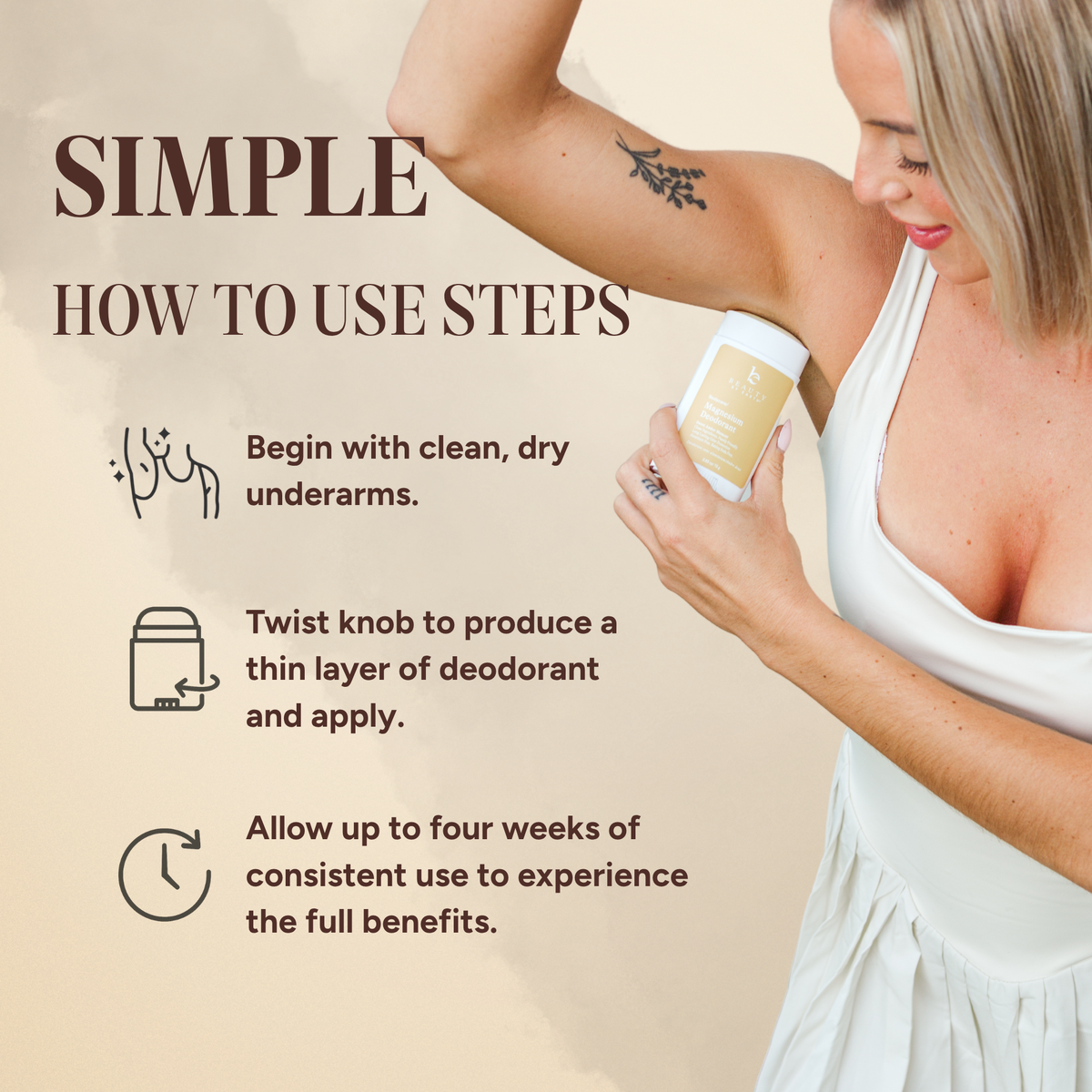 Woman using a deodorant stick with instructions on how to use it.