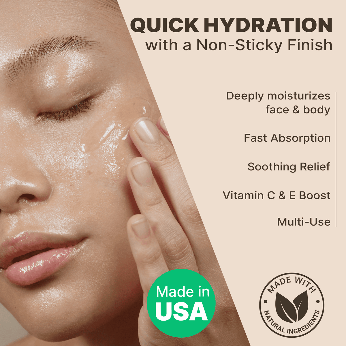 Product advertisement for quick hydration with a non-sticky finish, featuring a hand applying cream to a face.