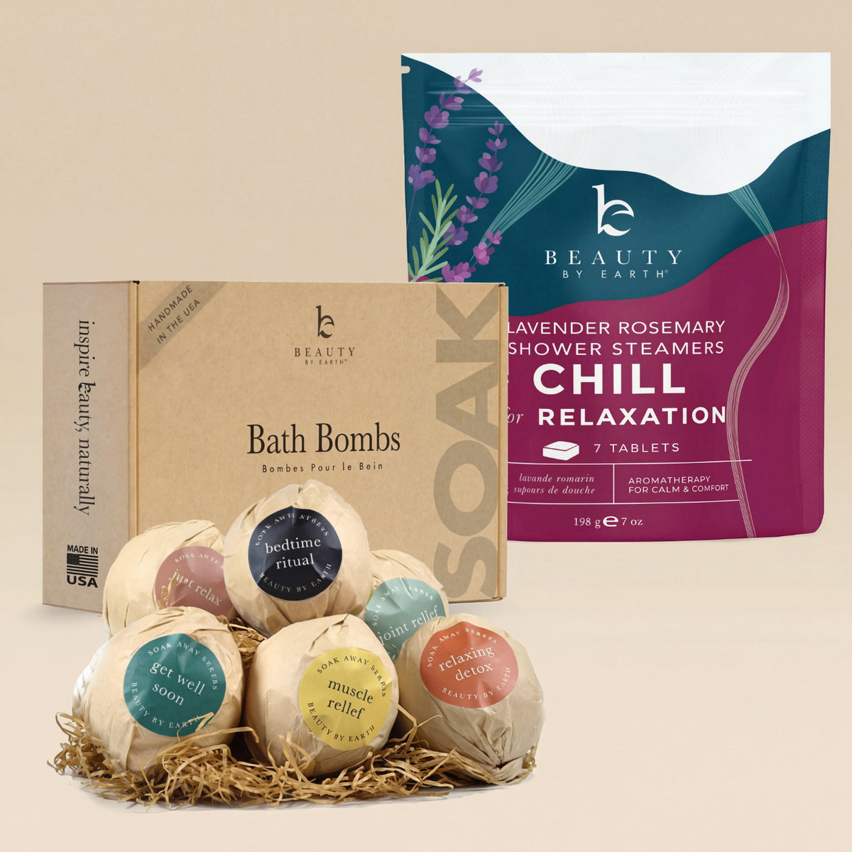 Bath bombs and lavender rosemary shower steamers on a beige background