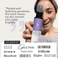 Woman holding a toner bottle with text about its benefits and media mentions.