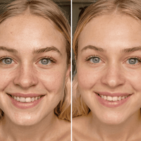 Before and after comparison of a woman's face with visible skin improvement.