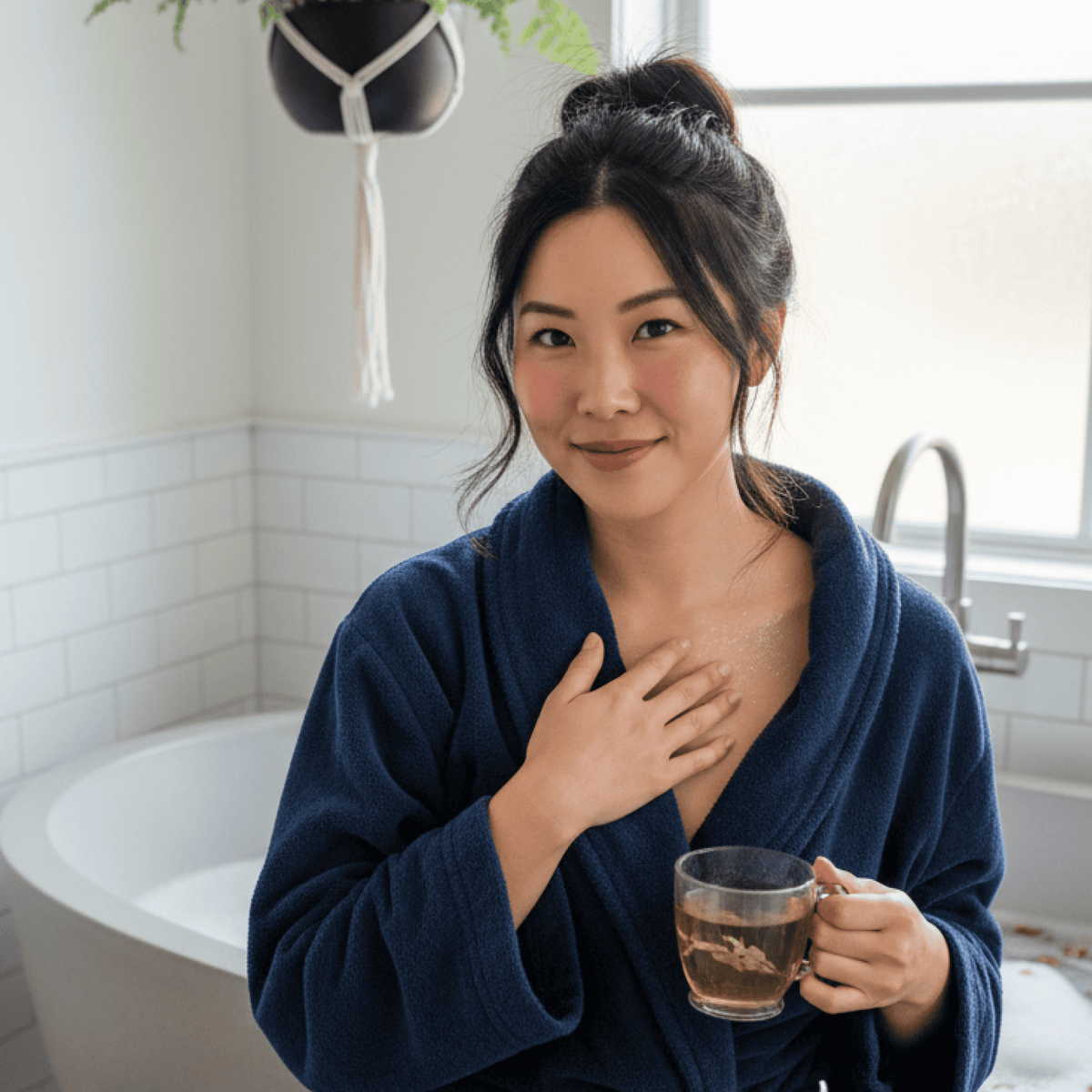 A woman in the bathroom feeling relaxed after taking a bath with bath bombs with tea in her hand
