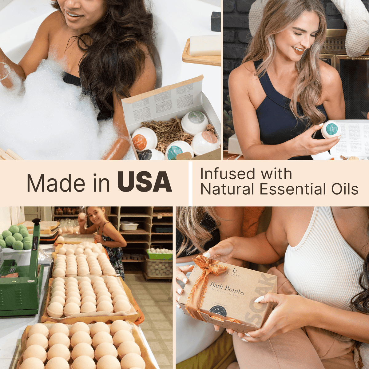 Made in USA, infused with natural essential oils women using bath bombs
